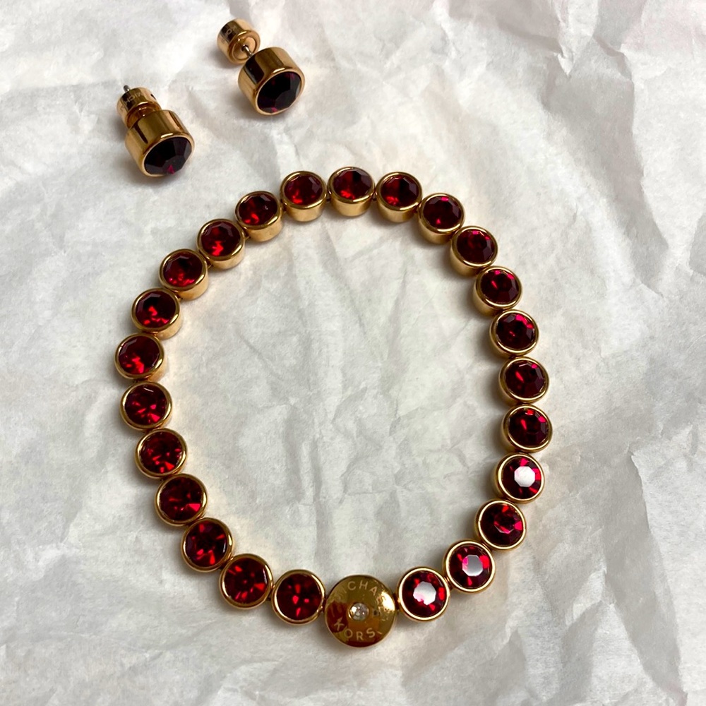 MK Bracelet and Stud Earring Set - Rose Gold and Ruby Crystals